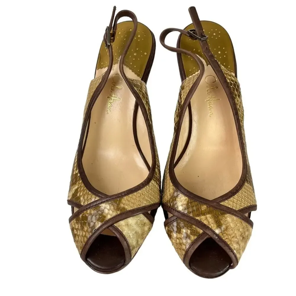 COLE HAAN Genuine Leather Reptile Snakeskin Wedge Slingback Peep Toe Shoes sz 9